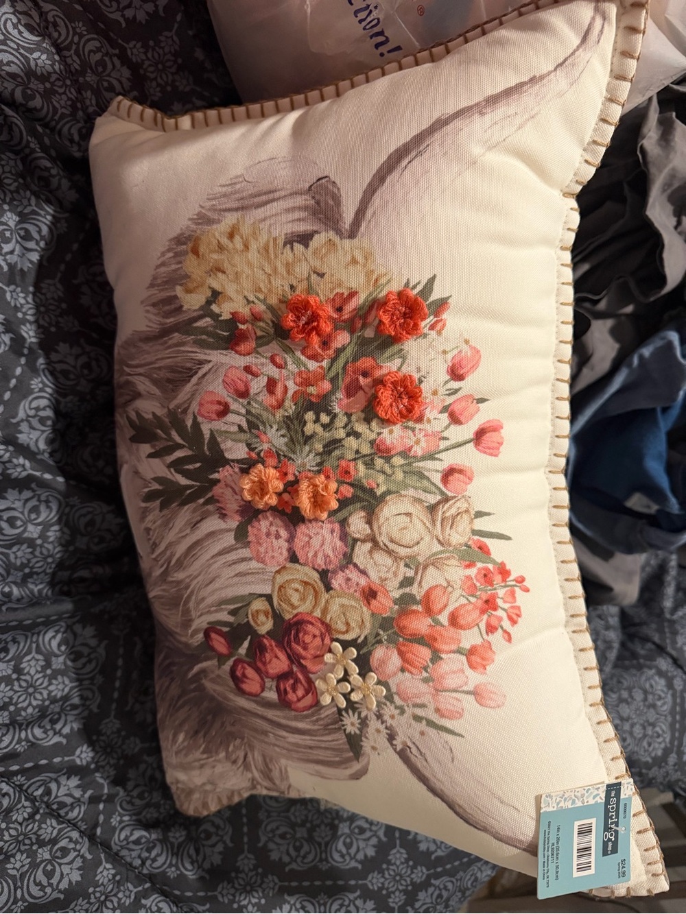 Floral Embroidered Accent Pillow - Cream with Coral and Pink Bouquet
